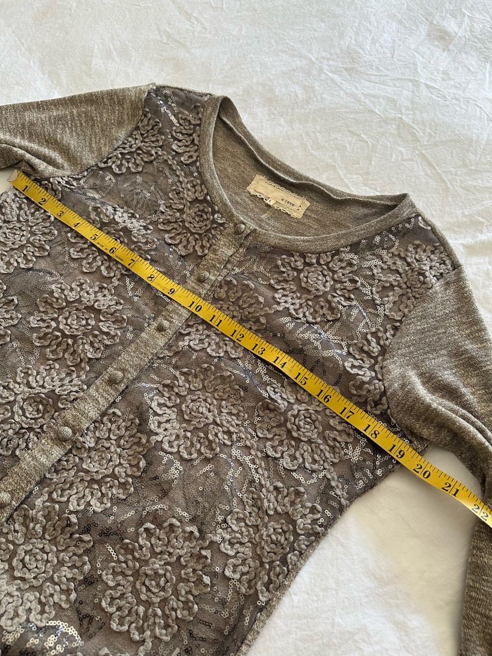 A'Reve Anthropologie taupe/gray sequin & lace cardigan, size large - Picture 11 of 13